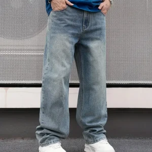 Men'S Casual Straight Wash Jeans - Light Blue, Loose Fit, - Thumbnail Image 5