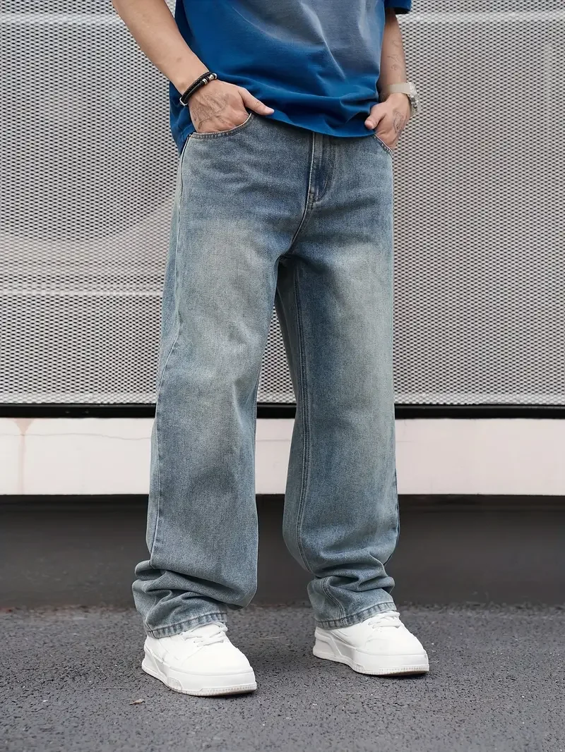 Men'S Casual Straight Wash Jeans - Light Blue, Loose Fit, - Image 5