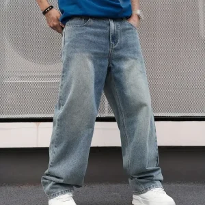 Men'S Casual Straight Wash Jeans - Light Blue, Loose Fit, - Thumbnail Image 3