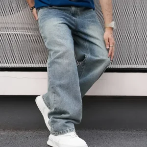 Men'S Casual Straight Wash Jeans - Light Blue, Loose Fit, - Thumbnail Image 4