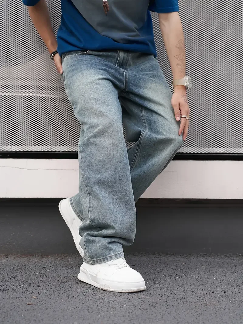 Men'S Casual Straight Wash Jeans - Light Blue, Loose Fit, - Image 4