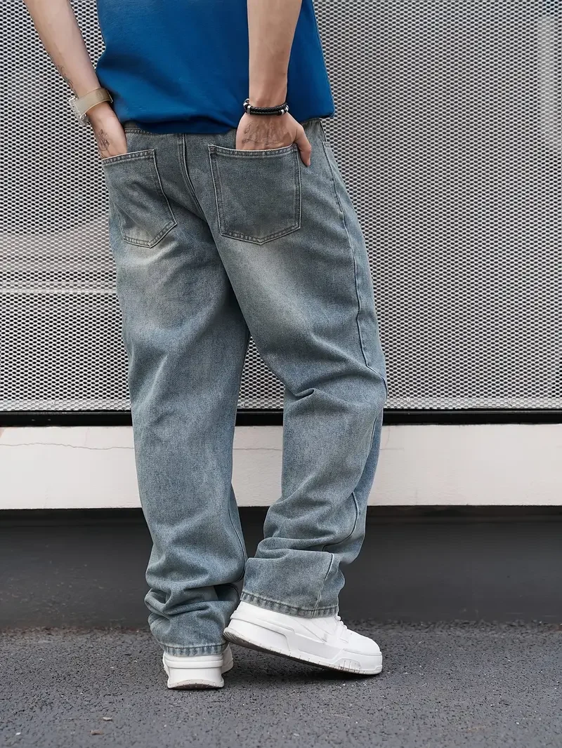 Men'S Casual Straight Wash Jeans - Light Blue, Loose Fit, - Image 2