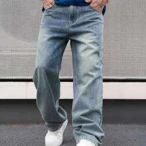 Men'S Casual Straight Wash Jeans - Light Blue, Loose Fit,