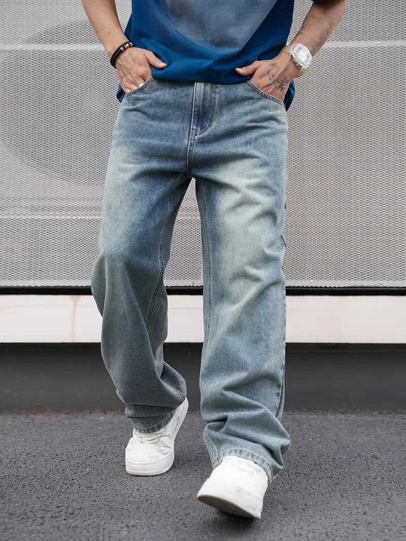 Men'S Casual Straight Wash Jeans - Light Blue, Loose Fit, - Image 1