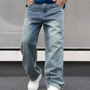 Men'S Casual Straight Wash Jeans - Light Blue, Loose Fit, - Thumbnail Image 6