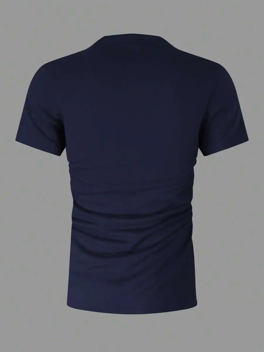 Men's Solid Color Crew Neck Short Sleeve Casual T-Shirt, Versatile For Summer Day Navy Blue - Image 5