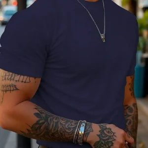 Men's Solid Color Crew Neck Short Sleeve Casual T-Shirt, Versatile For Summer Day Navy Blue - Thumbnail Image 7