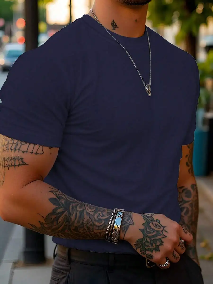 Men's Solid Color Crew Neck Short Sleeve Casual T-Shirt, Versatile For Summer Day Navy Blue - Image 7