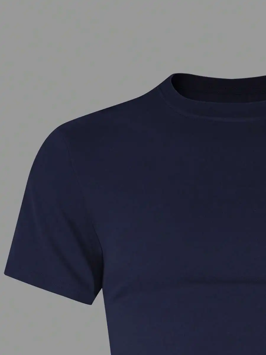 Men's Solid Color Crew Neck Short Sleeve Casual T-Shirt, Versatile For Summer Day Navy Blue - Image 6