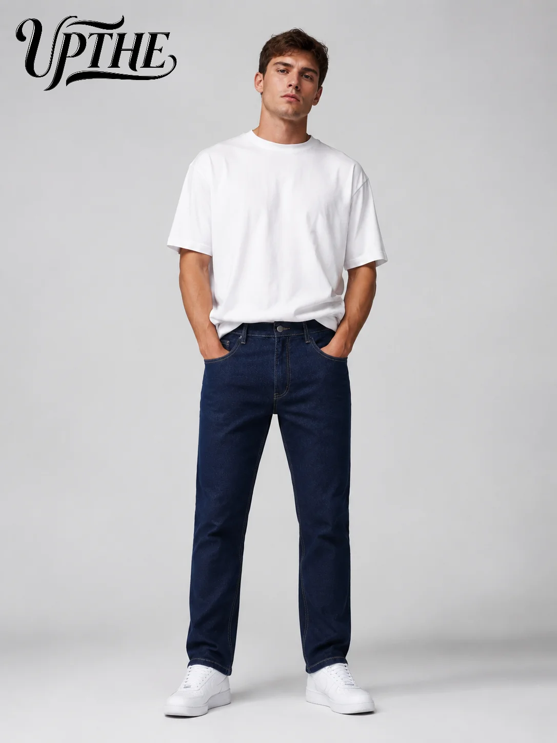 Men Dark Blue Slim Fit Straight Leg Jeans, Classic Stretch Denim Pants, - Image 1