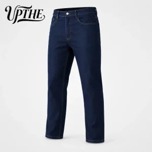Men Dark Blue Slim Fit Straight Leg Jeans, Classic Stretch Denim Pants, - Thumbnail Image 2