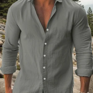 Mens Solid Cotton Long Sleeve Shirt Classic Collar Black Contrast Buttons Rollable Cuff Design - Thumbnail Image 4
