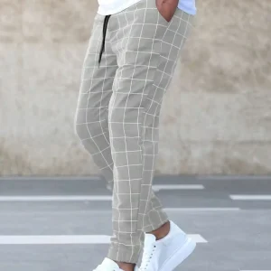 Men Grid Print Drawstring Waist Pants, Fall