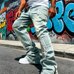 Men's Flared Denim Pants, Light Blue Vintage Jeans with Rips & Zipper Hem for Casual Style - Thumbnail Image 4