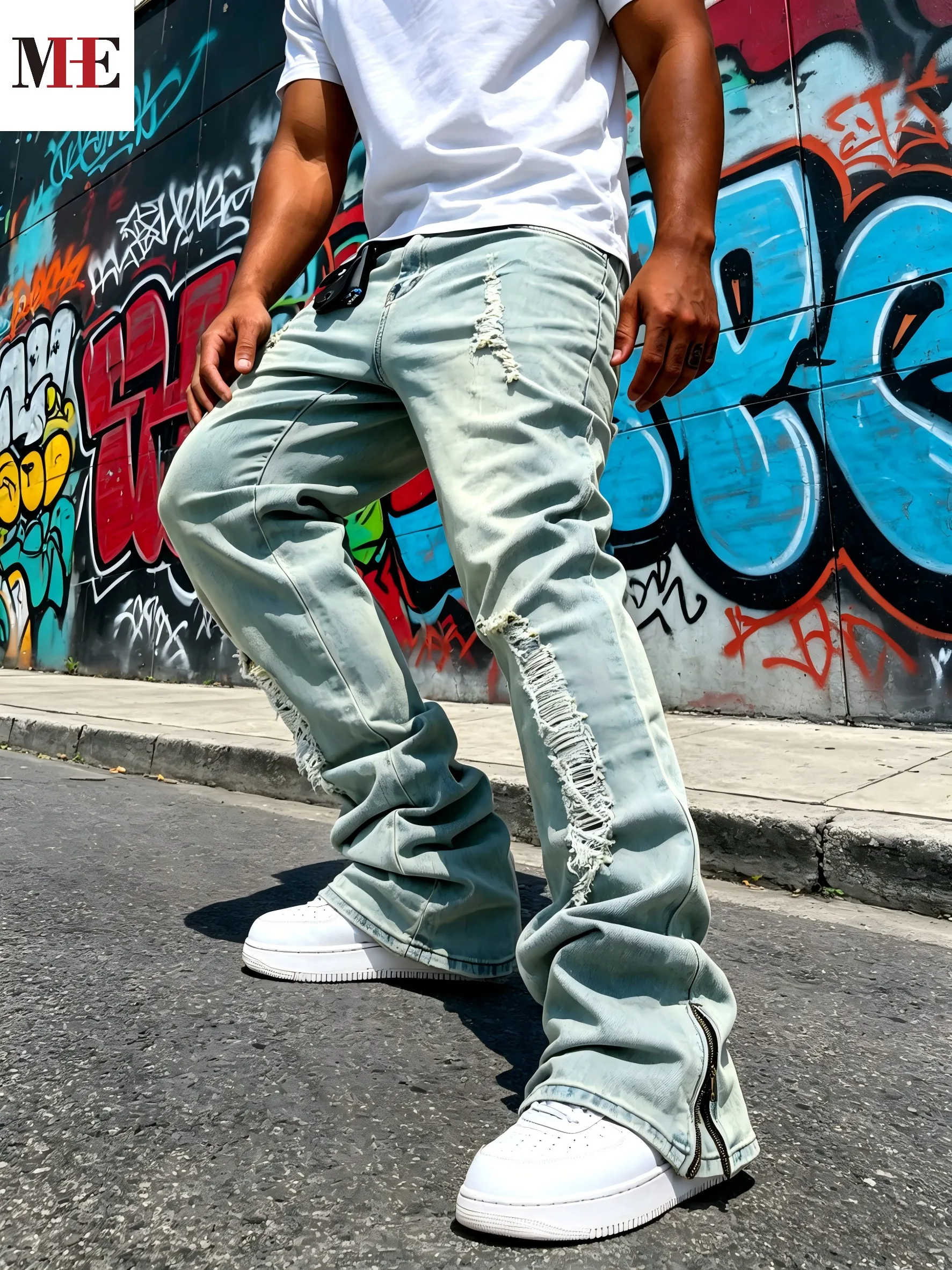 Men's Flared Denim Pants, Light Blue Vintage Jeans with Rips & Zipper Hem for Casual Style - Image 4