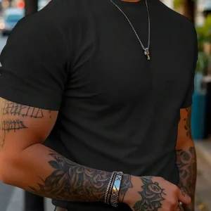 Men's Solid Color Crew Neck Short Sleeve Casual T-Shirt, Versatile For Summer Day Navy Blue - Thumbnail Image 3