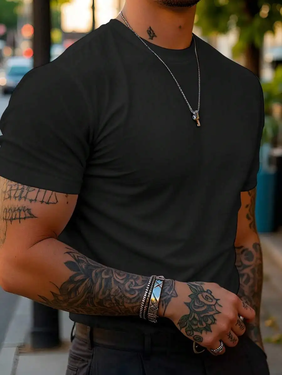 Men's Solid Color Crew Neck Short Sleeve Casual T-Shirt, Versatile For Summer Day Navy Blue - Image 3