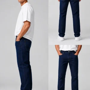 Men Dark Blue Slim Fit Straight Leg Jeans, Classic Stretch Denim Pants, - Thumbnail Image 6