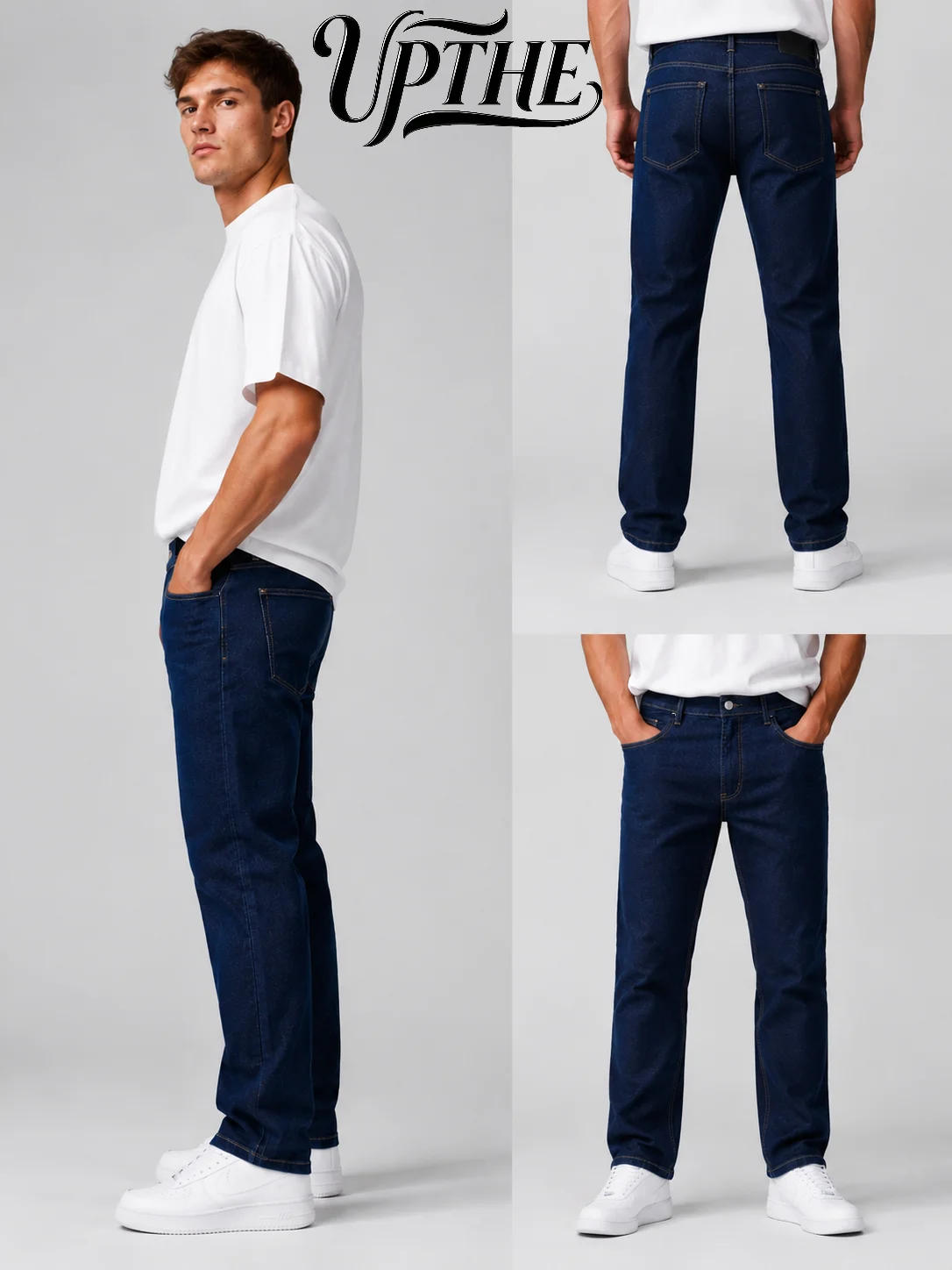 Men Dark Blue Slim Fit Straight Leg Jeans, Classic Stretch Denim Pants, - Image 6
