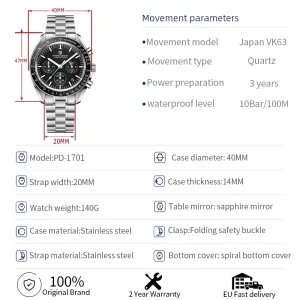 PAGANI DESIGN 2026 New V5 PD1701 Men's Watches Luxury Quartz Watch 100M Waterproof - Thumbnail Image 8