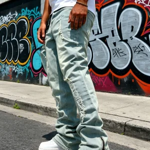 Men's Flared Denim Pants, Light Blue Vintage Jeans with Rips & Zipper Hem for Casual Style - Thumbnail Image 2