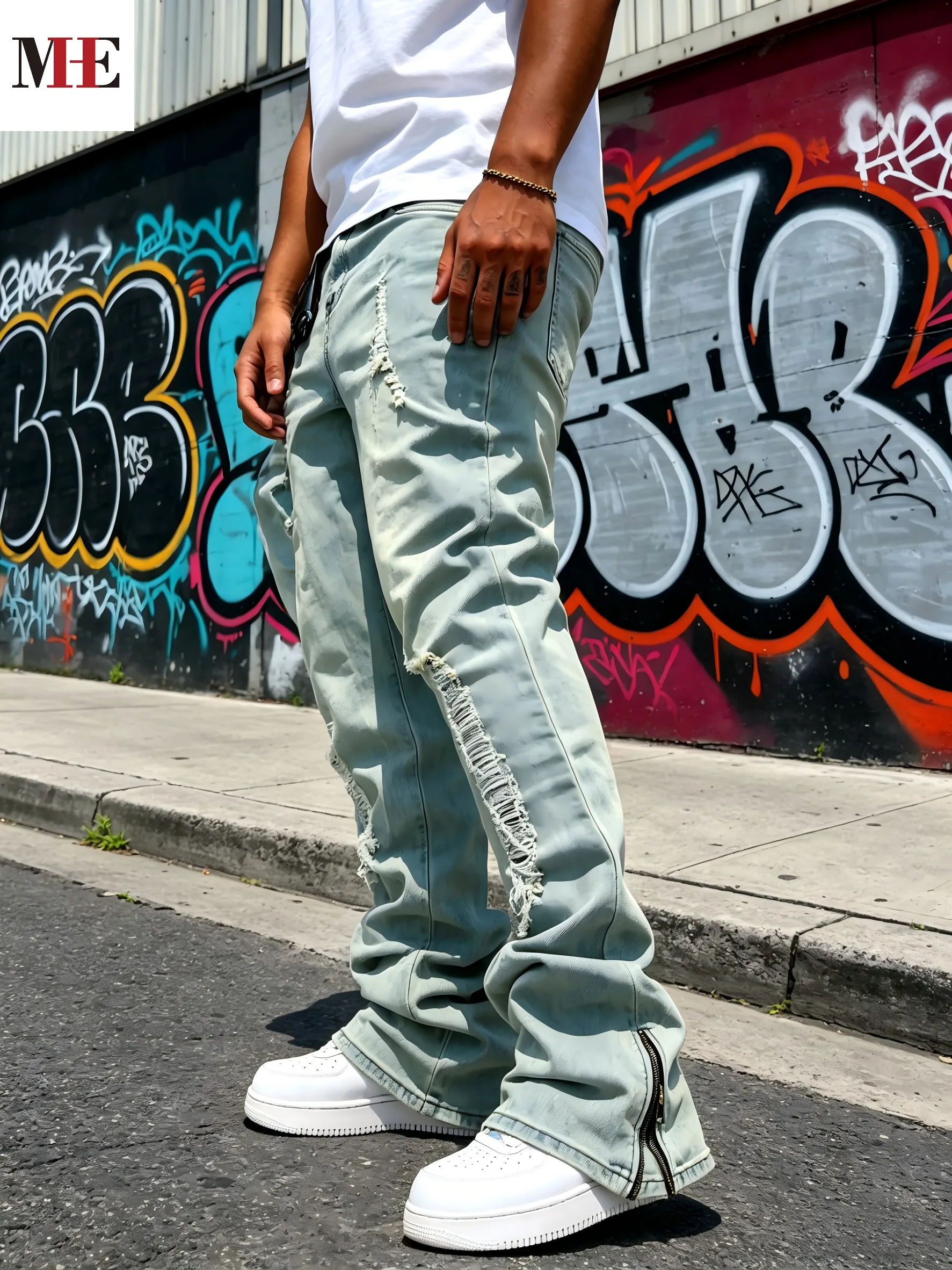 Men's Flared Denim Pants, Light Blue Vintage Jeans with Rips & Zipper Hem for Casual Style - Image 2