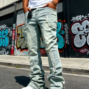 Men's Flared Denim Pants, Light Blue Vintage Jeans with Rips & Zipper Hem for Casual Style - Thumbnail Image 1
