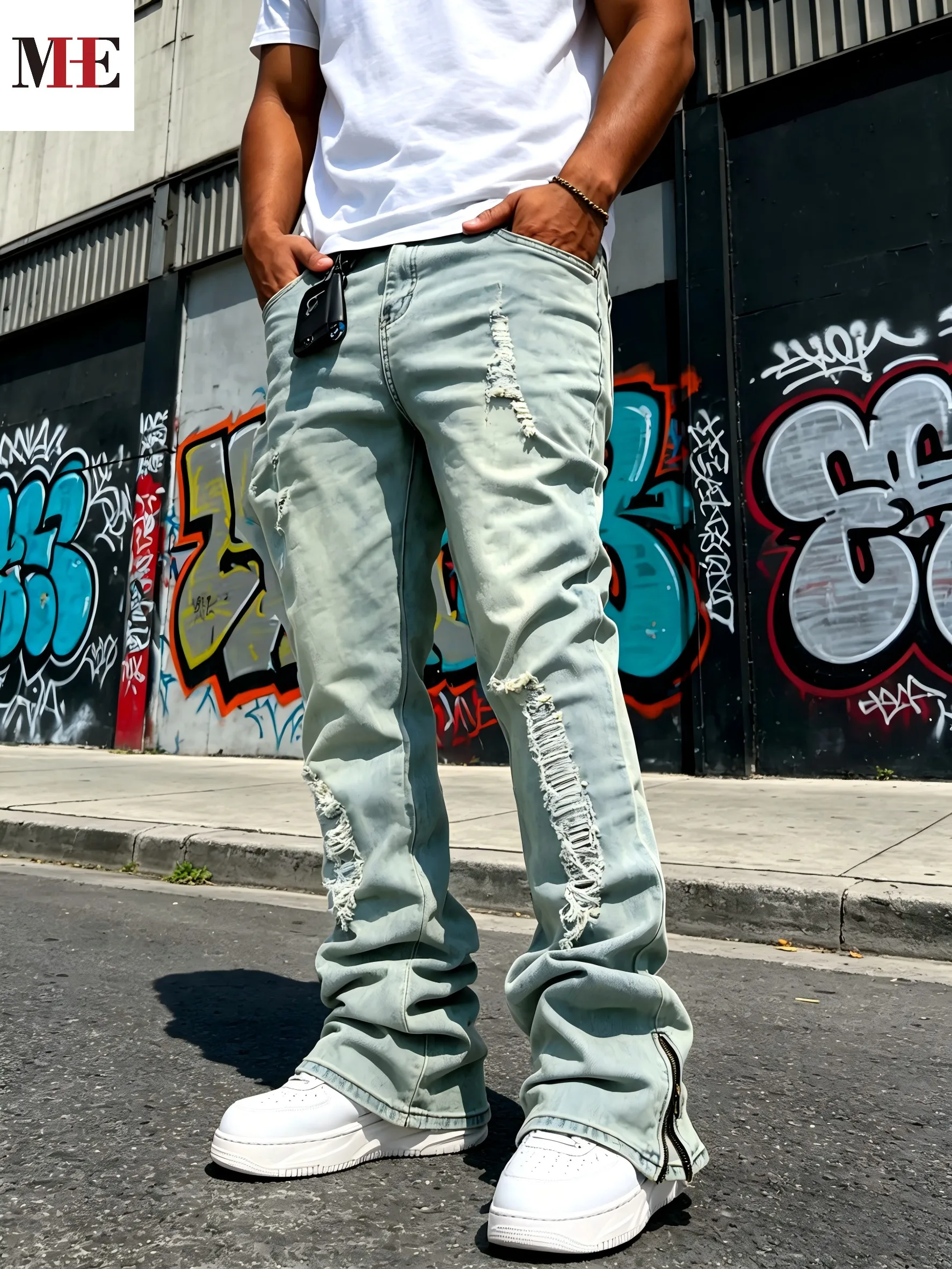 Men's Flared Denim Pants, Light Blue Vintage Jeans with Rips & Zipper Hem for Casual Style - Image 1