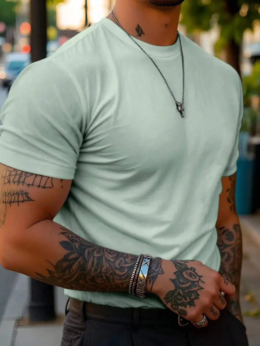 Men's Solid Color Crew Neck Short Sleeve Casual T-Shirt, Versatile For Summer Day Navy Blue - Image 1