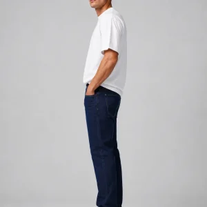 Men Dark Blue Slim Fit Straight Leg Jeans, Classic Stretch Denim Pants, - Thumbnail Image 5