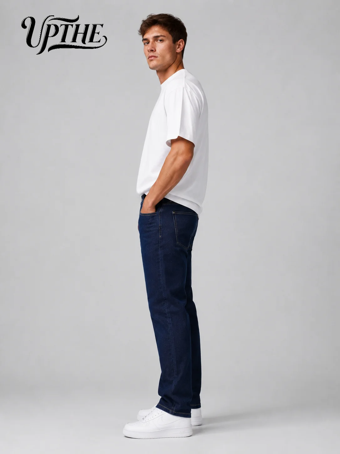 UP.THE Men Dark Blue Slim Fit Straight Leg Jeans, Classic Stretch Denim Pants, Casual Streetwear Trousers for Daily Work & Daily Outfits - Image 5