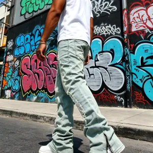 Men's Flared Denim Pants, Light Blue Vintage Jeans with Rips & Zipper Hem for Casual Style - Thumbnail Image 5