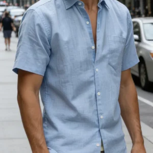Men Slim Fit White Linen Shirt - Thumbnail Image 8
