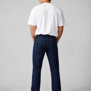 Men Dark Blue Slim Fit Straight Leg Jeans, Classic Stretch Denim Pants, - Thumbnail Image 4