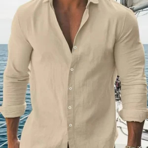Mens Solid Cotton Long Sleeve Shirt Classic Collar Black Contrast Buttons Rollable Cuff Design - Thumbnail Image 5