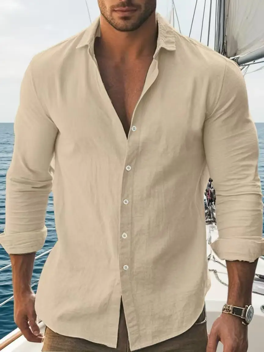 Mens Solid Cotton Long Sleeve Shirt Classic Collar Black Contrast Buttons Rollable Cuff Design - Image 5