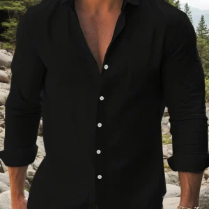 Mens Solid Cotton Long Sleeve Shirt Classic Collar Black Contrast Buttons Rollable Cuff Design - Thumbnail Image 3
