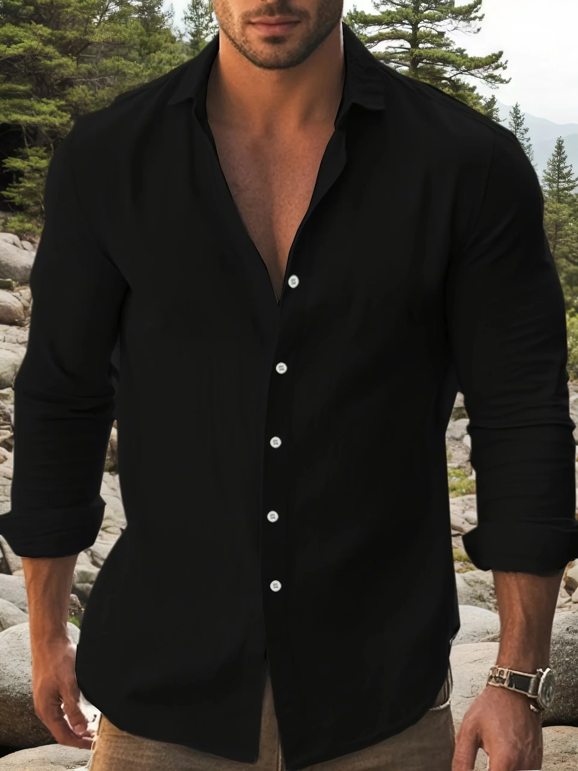 Mens Solid Cotton Long Sleeve Shirt Classic Collar Black Contrast Buttons Rollable Cuff Design - Image 3