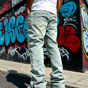 Men's Flared Denim Pants, Light Blue Vintage Jeans with Rips & Zipper Hem for Casual Style - Thumbnail Image 3