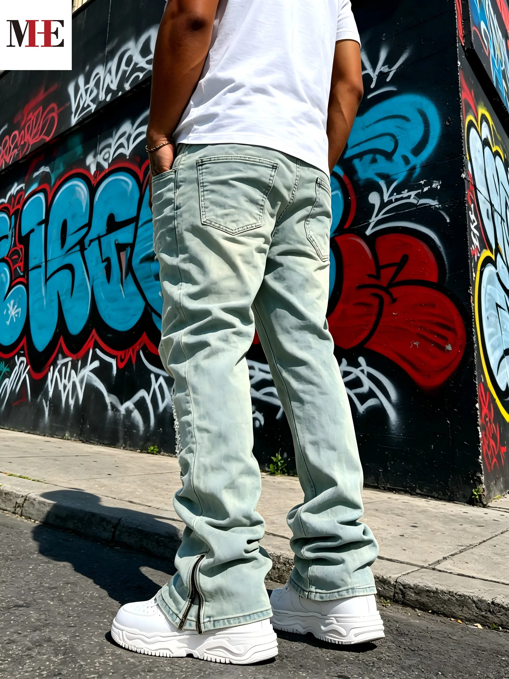 Men's Flared Denim Pants, Light Blue Vintage Jeans with Rips & Zipper Hem for Casual Style - Image 3