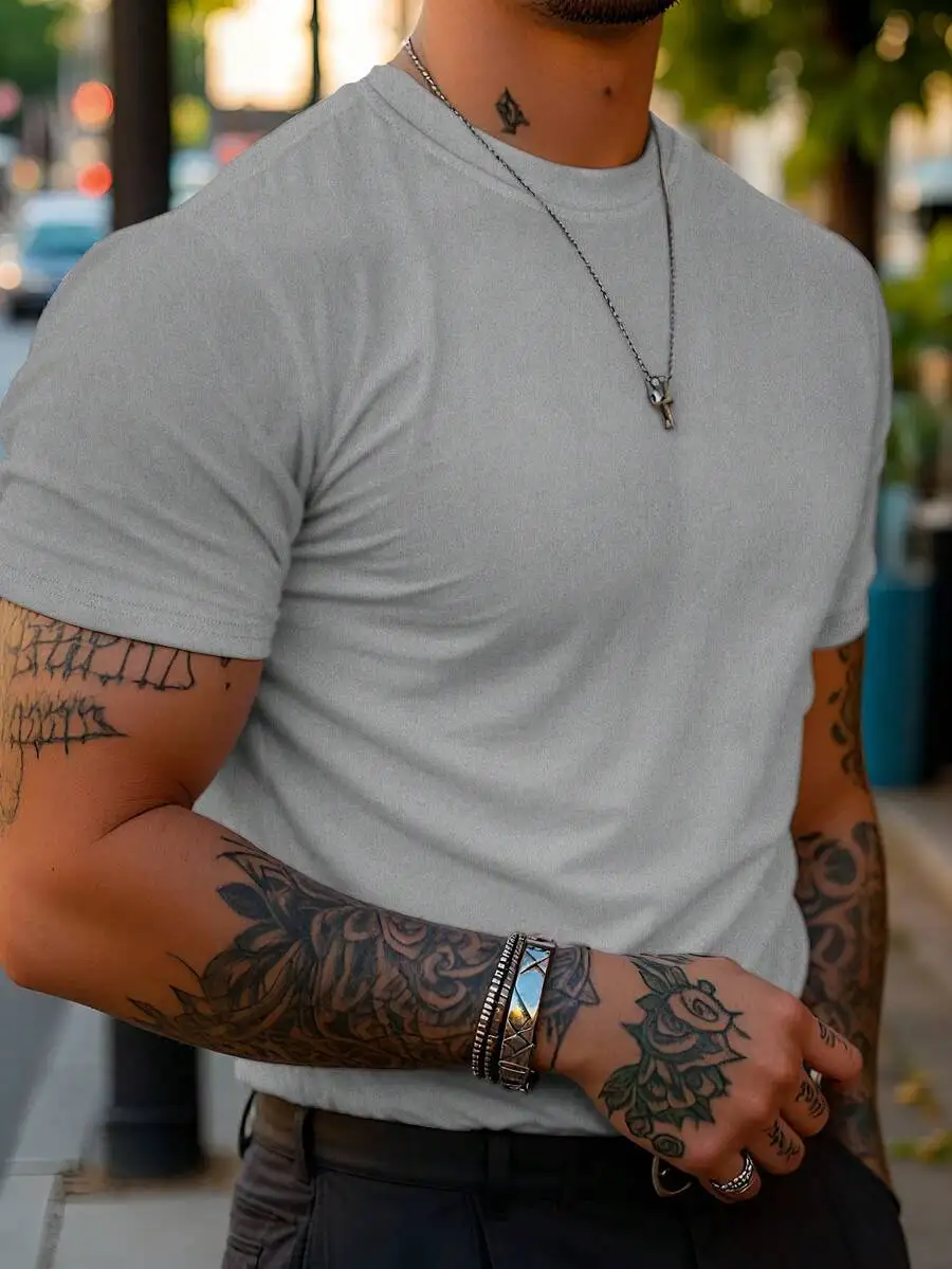Men's Solid Color Crew Neck Short Sleeve Casual T-Shirt, Versatile For Summer Day Navy Blue - Image 4