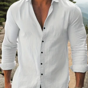 Mens Solid Cotton Long Sleeve Shirt Classic Collar Black Contrast Buttons Rollable Cuff Design