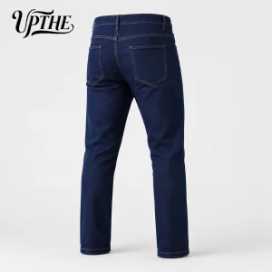 Men Dark Blue Slim Fit Straight Leg Jeans, Classic Stretch Denim Pants, - Thumbnail Image 3