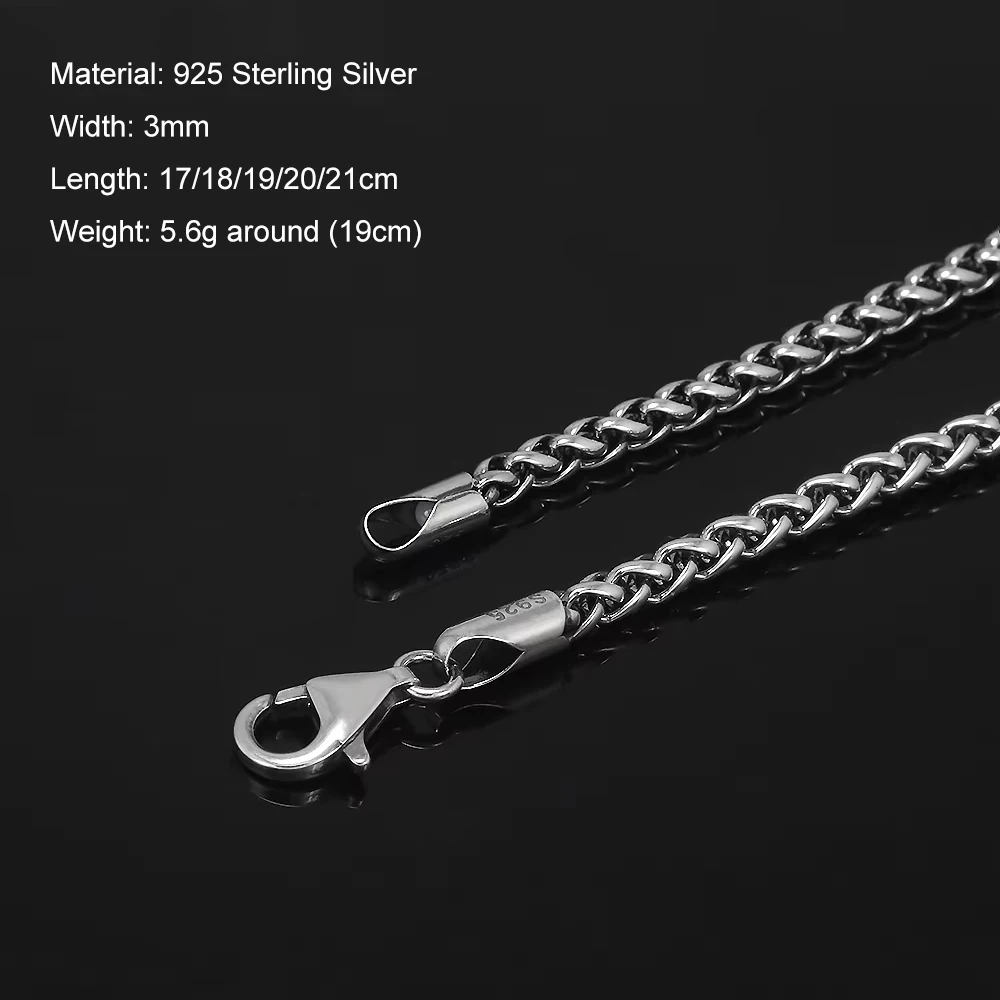 3mm 925 Sterling Silver Wheat Chain Bracelet - Image 2