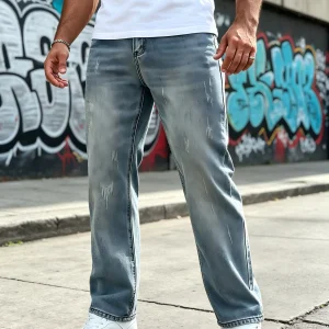 Men's Casual Denim Pants, Light Blue Straight Fit Jeans