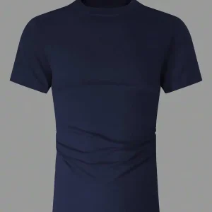 Men's Solid Color Crew Neck Short Sleeve Casual T-Shirt, Versatile For Summer Day Navy Blue - Thumbnail Image 2