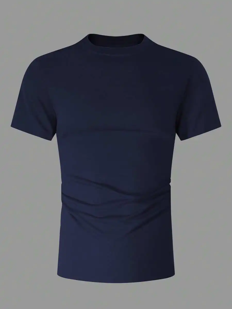 Men's Solid Color Crew Neck Short Sleeve Casual T-Shirt, Versatile For Summer Day Navy Blue - Image 2