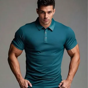 Men's Casual Breathable Plain Polo Shirt, - Thumbnail Image 1