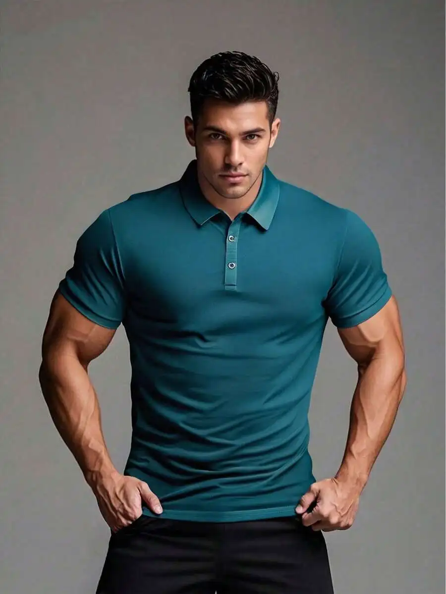 Men's Casual Breathable Plain Polo Shirt, - Image 1