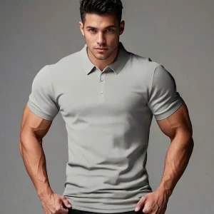 Men's Casual Breathable Plain Polo Shirt, - Thumbnail Image 2